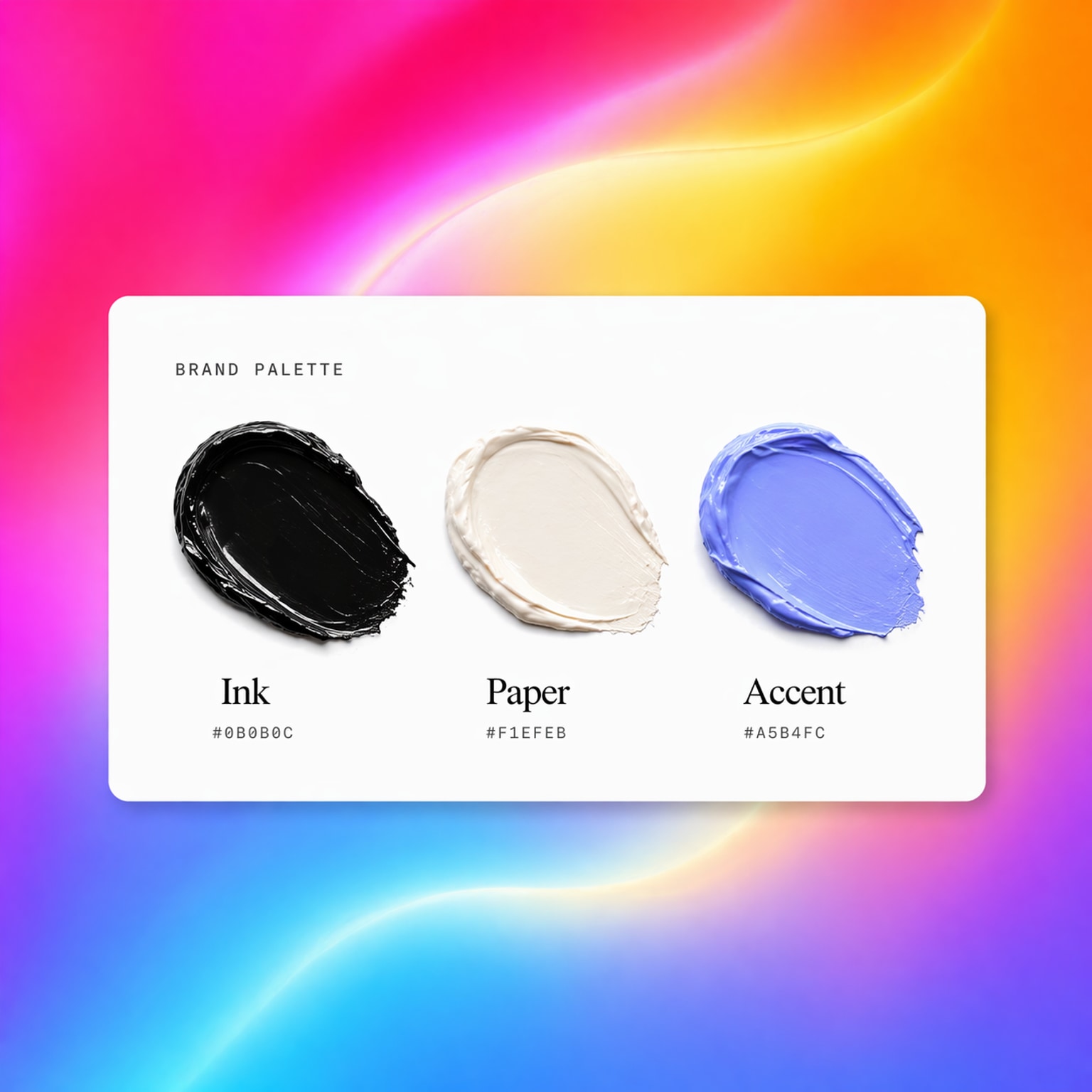 Brand palette: ink, paper, and accent paint dabs